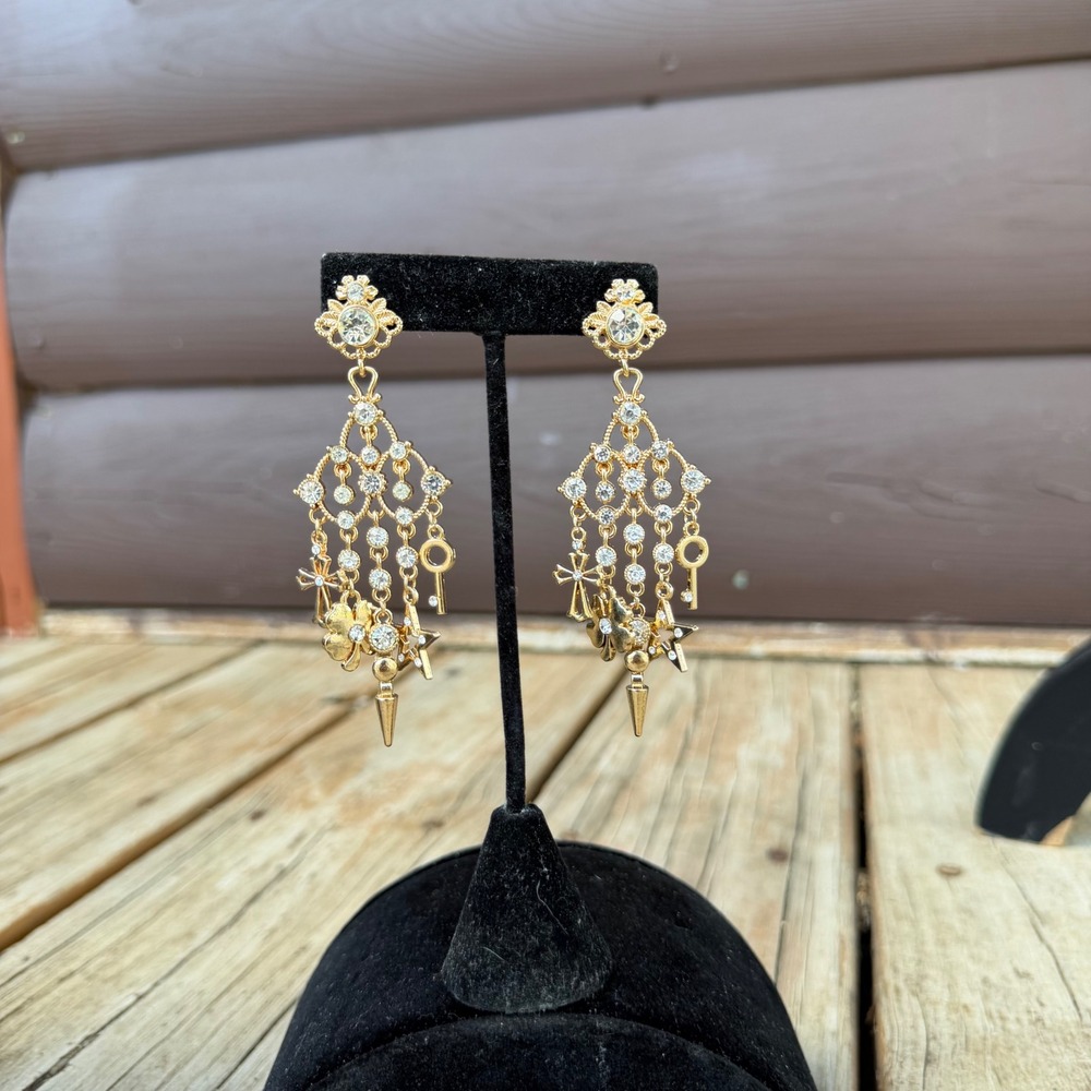 Chandelier Drop Earrings Womens Gold Tone Rhinestone Celestial Charm Spike 3.5"